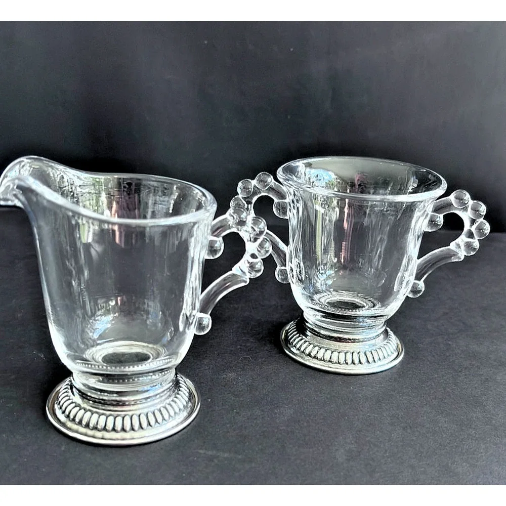 Imperial Glass Candlewick Cream & Sugar Sterling Silver Non-weigted Bases